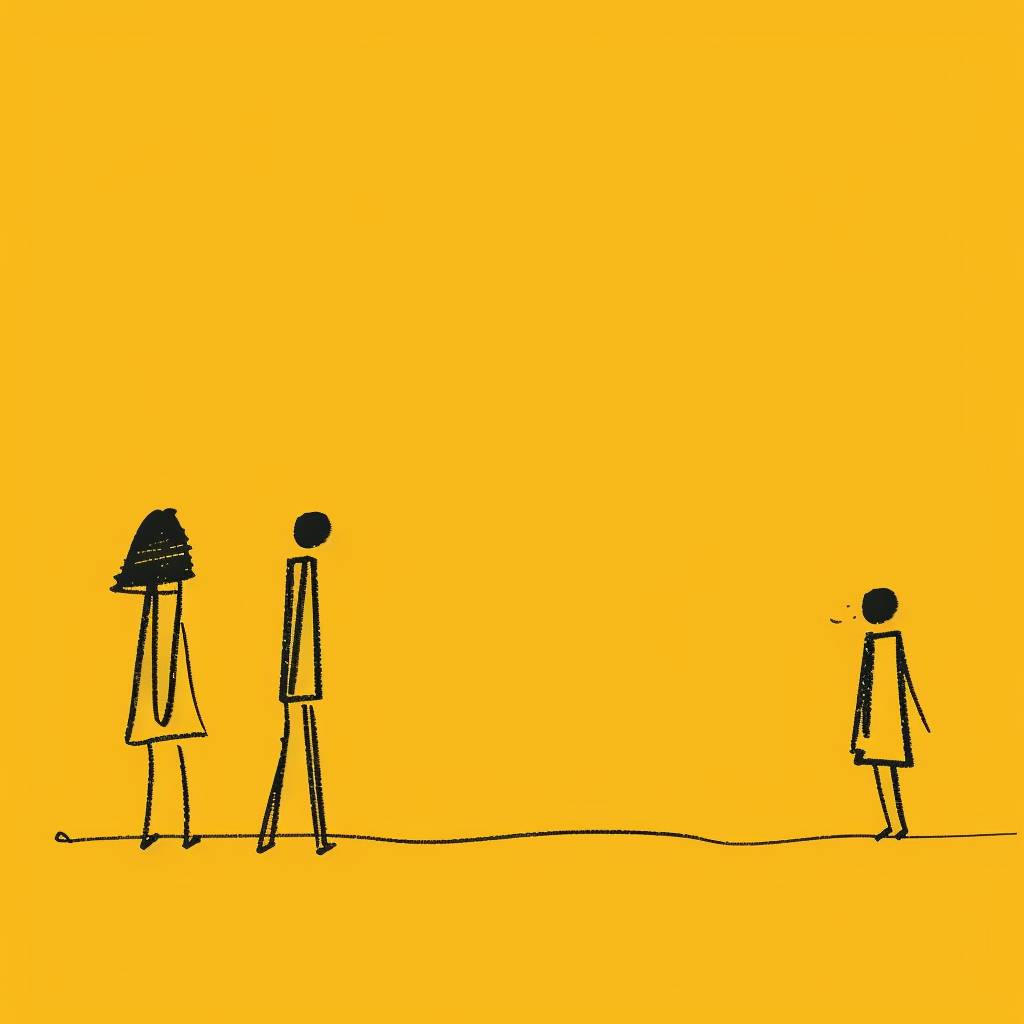 Create an ultra minimalist interpretation of the 'Distracted Boyfriend' meme. The image features three figures represented in a simple, continuous black line on a solid yellow background. The central figure, a man, is depicted turning his head towards the left to look at another figure, a woman, who is walking by. His body, however, remains facing forward towards the third figure, another woman, who looks at him with a disapproving expression. The style is abstract and reduces the characters to the most basic forms, focusing on the essence of the scene without any additional details.