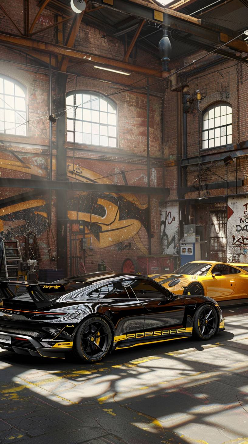 A black Porsche Taycan and a yellow 911 model 992 stand side by side without plates. The background wall is clean, with warm tones and a yellow accent, featuring dark tones in the background and cinematic dark light. The photography style is magazine-like, highlighting precise car details.