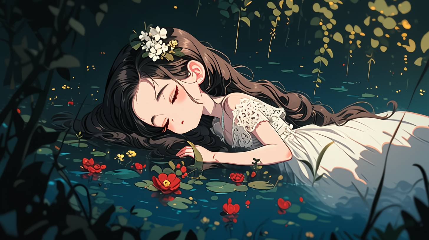 Ofelia sinking into the water in a swamp as if asleep, photograph taken by Fujifilm XT-4, top-down shot, f/1.8 lens, tilt-shift lens, hamlet atmosphere, half body, glowing hair with orchids and flowers, reflections in the water, eyes closed, peaceful, beauty, sadness, ethereal, feminine pose, dreamy, dreamlike, dramatic soft lighting, photo-realistic, pop art deco, in the style of Karol Bak - aspect ratio 16:9, stylize 250, reflection number 2283528694, color warning 6, raw style