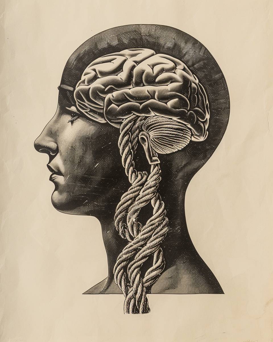 A cut out side view of a head drawn with a simple line, inside the head you can see a rope knot in the shape of a brain