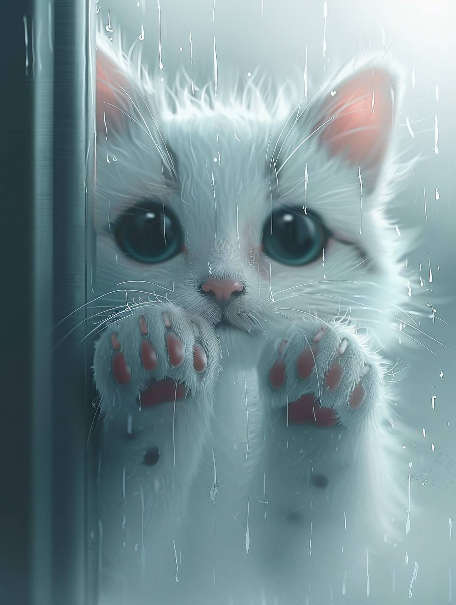 Through frosted glass, I saw a cute cat face with a hazy texture. It had watery eyes and two pink claws protruding from below. The background was simple, and it had a cartoon style. The design featured white and gray, adopting a minimalist approach. The close-up image focused on only one claw, with a blurry effect to increase depth - ar 3:4 -stylize 250 - v 6.0