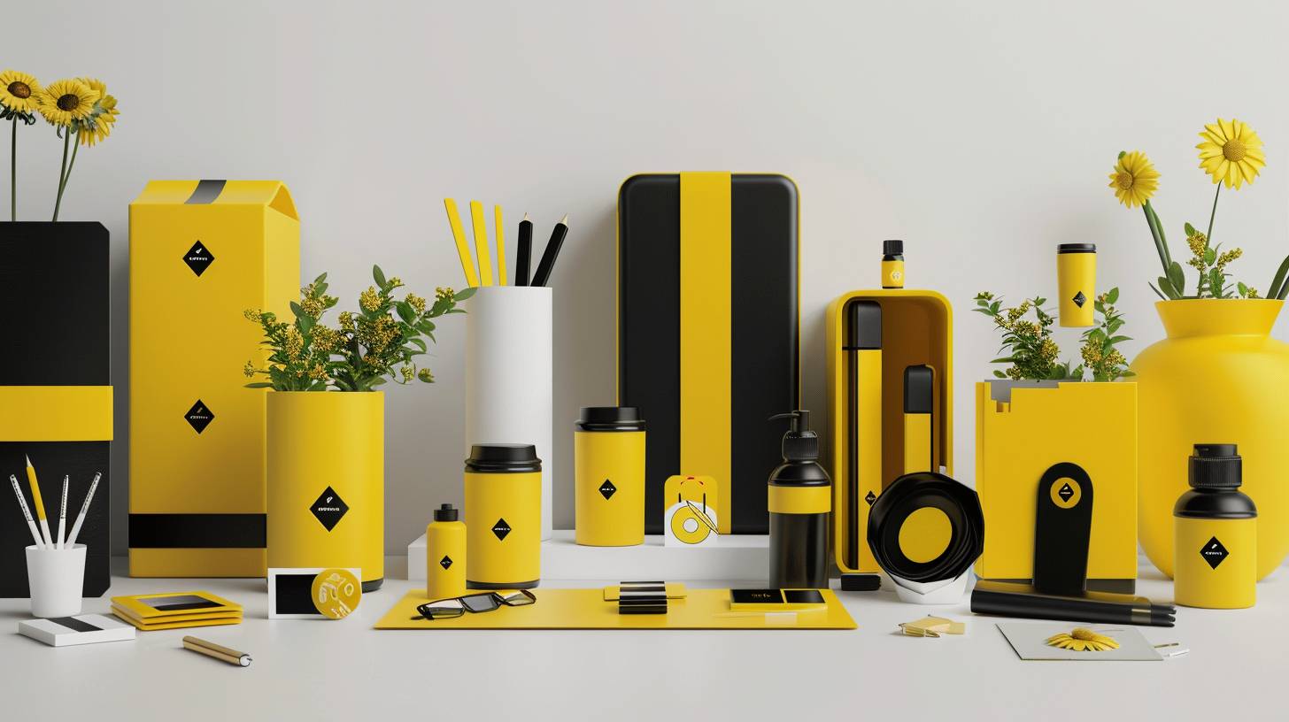 Minimalist illustration, 3D vector design, canary yellow and black and white, sample collection of gift items and gift packs, and also small giftable promotional items with minimalistic logos, all arranged on an office desk, with simple green flowers around --aspect ratio 16:9, version 6.0