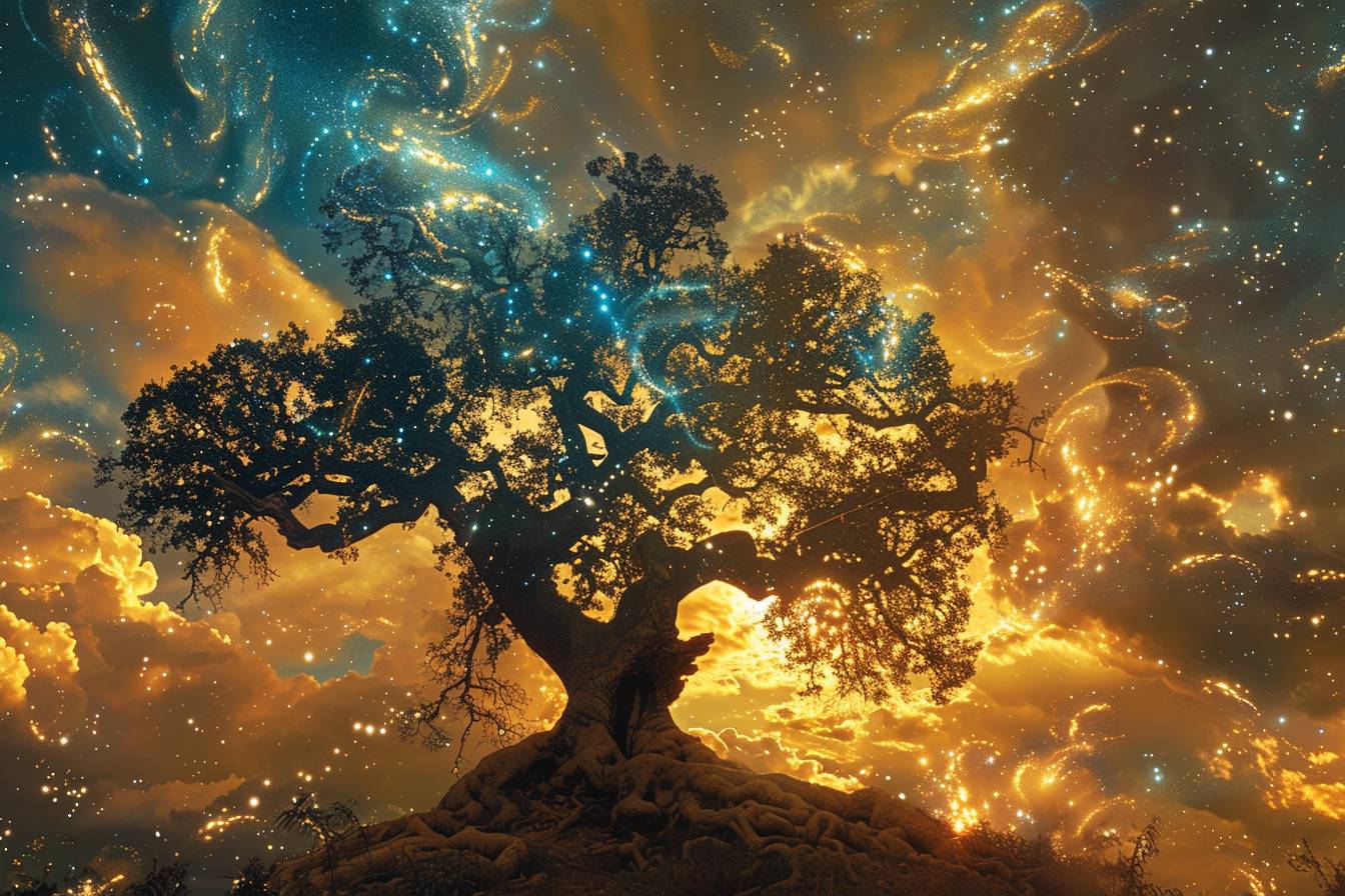 The ancient oak tree in 'Solar Sanctuary', standing beneath a sky filled with swirling golden clouds of solar plasma and azure streams of charged particles from the sun.