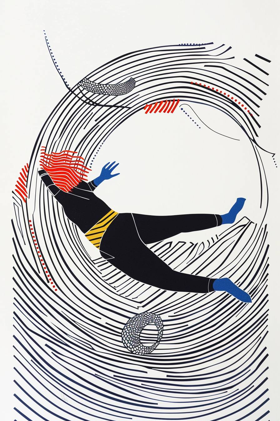 A drawing of a woman flying in a circular tunnel