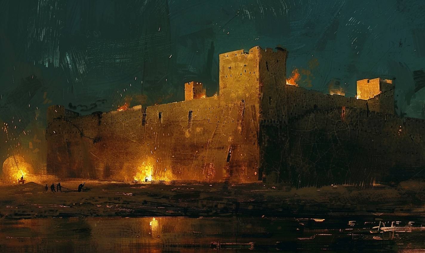 In the style of Andrew Wyeth, an ancient citadel lit by flickering torches