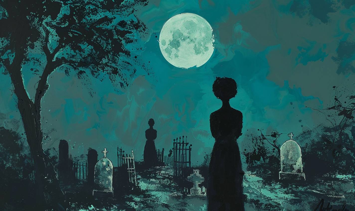 In the style of Amy Sherald, an eerie cemetery on a moonlit night