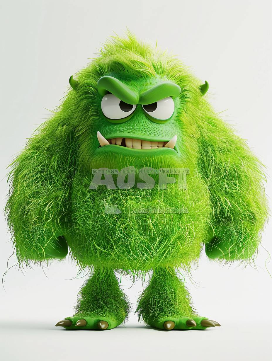 3D cartoon game scene, create a big tall green hairy girl monster, very hairy and strong, cute face, hyper detailed, white clean background, 8k.
