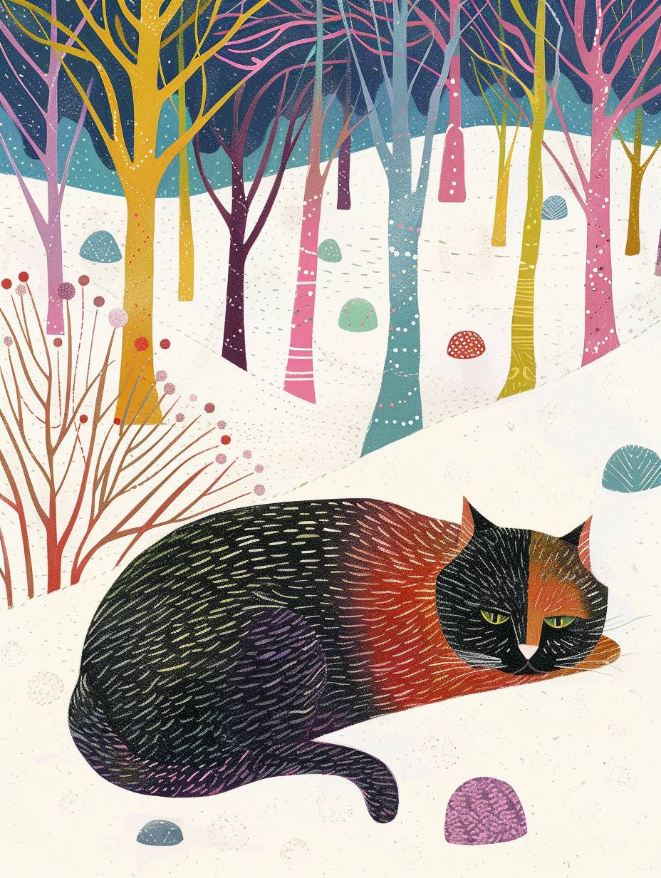 Abstract giant cat, whimsical life, magical enchanted dream prairie, vibrant, magical, mystical eternal winter, surreal, hyperdetailed, magical, stunningly beautiful, brillante color, by Ryo Takemasa --ar 3:4 --style raw --v 6.0