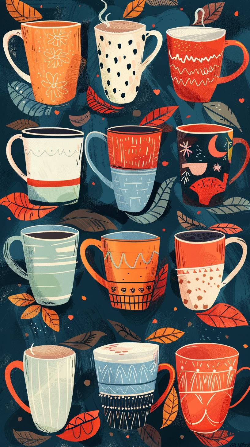 Illustration print of a bunch of coffee mugs in a variety of designs, on a color background --ar 9:16  --v 6.0
