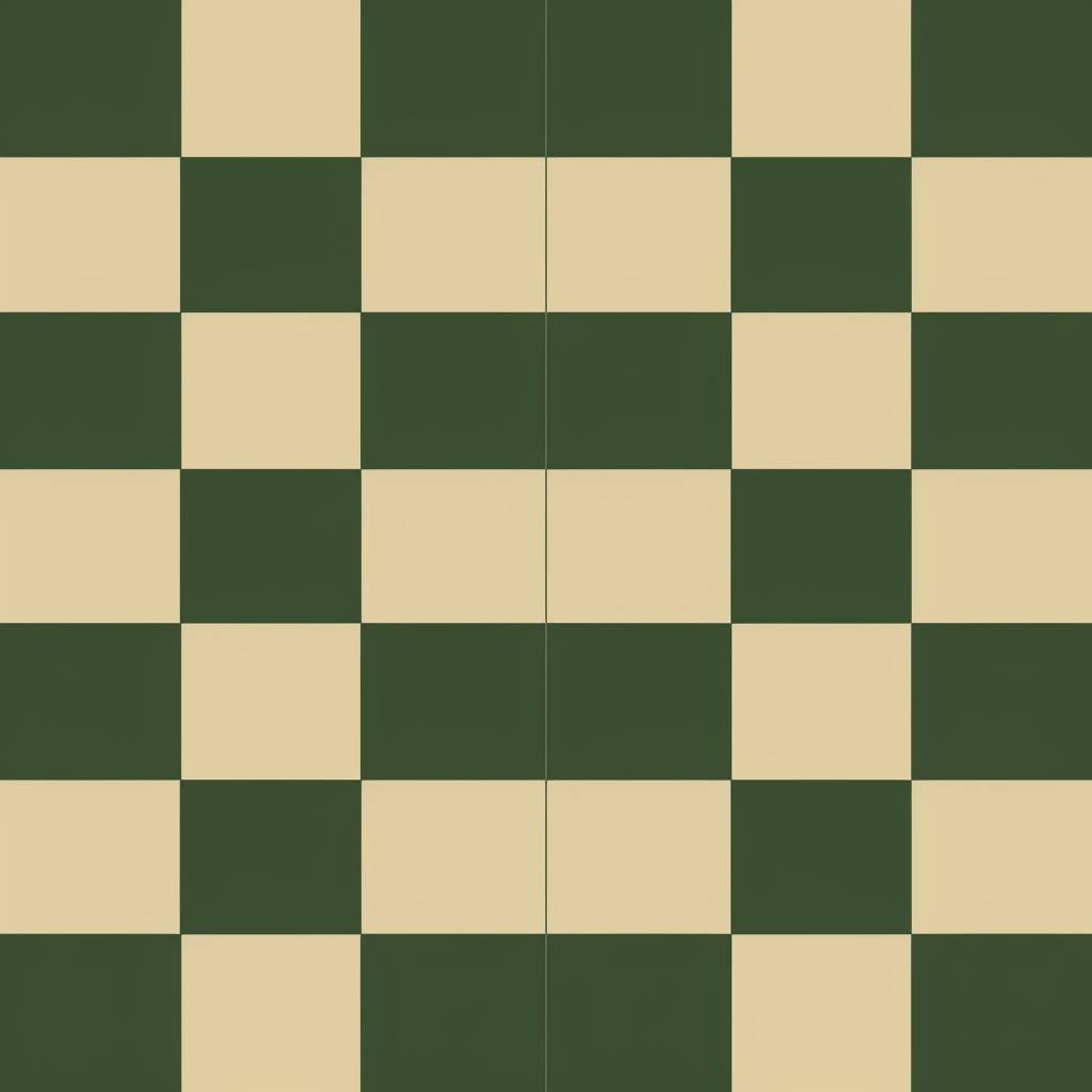 A large chessboard pattern in forest green and beige, with squares of equal size and uniform color. The solid colored background creates an elegant and minimalist aesthetic. This design would be suitable for various applications where the symmetrical checkered texture adds visual interest without overwhelming the viewer. It could also serve as a simple yet striking element on web pages or graphic designs in the style of a minimalist aesthetic.