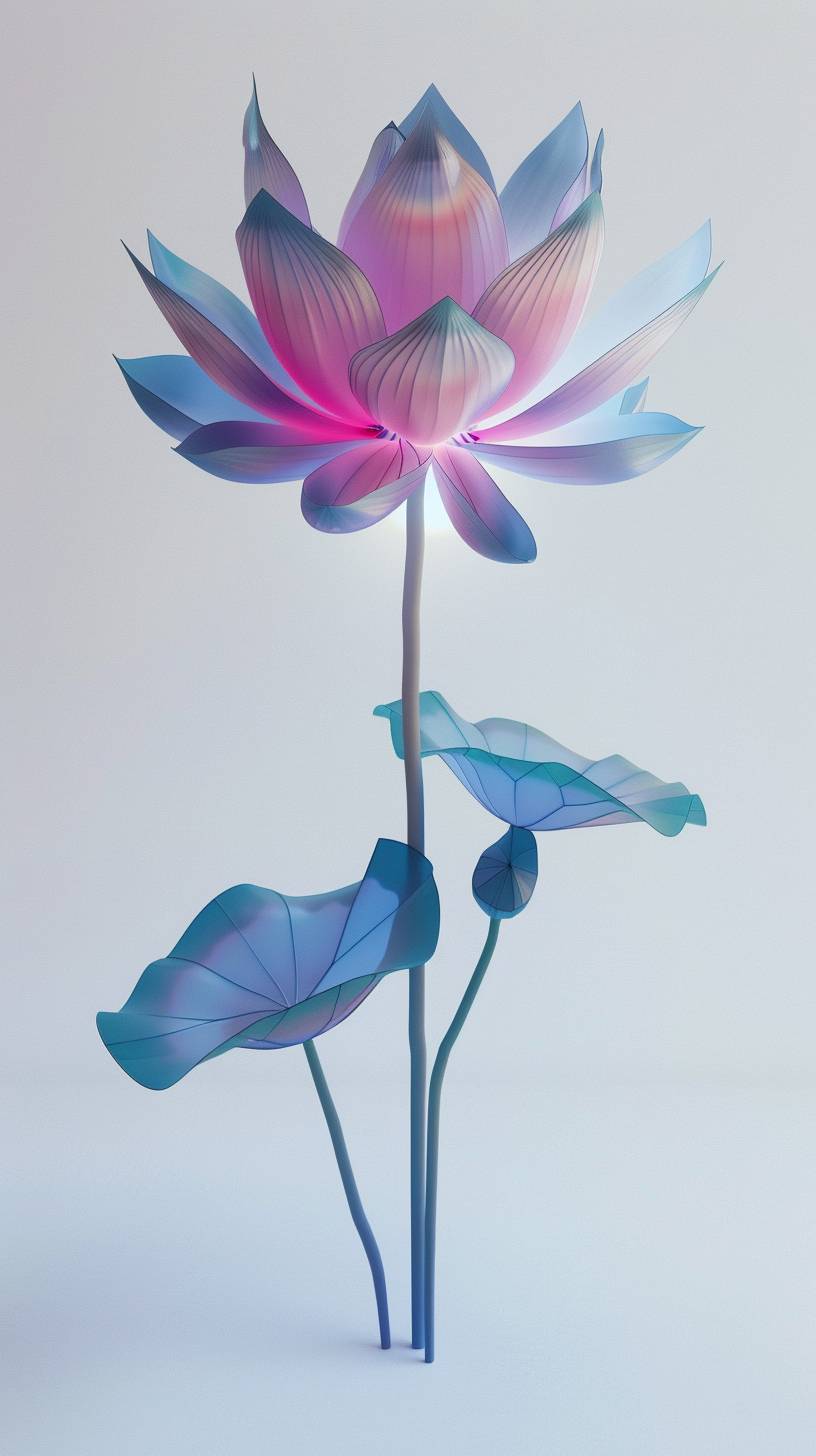 A 3D single botanical tall lotus flower plant art in pink to blue saturated color on a white background, in the style of minimalist sculpture, spotlight in the center, colorful woodcarvings, piles/stacks, colorful animation stills, majismo, fluid, organic forms, full f10 aperture -- aspect ratio 9:16 -- video 6.0