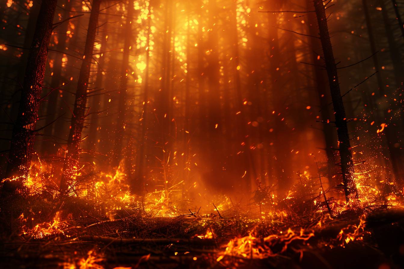 『Fleeting Flames』の森は、エメラルドグリーンの原始的で野蛮、オレンジ色で制御不能な轟音を上げる燃える炎によって包み込まれました。--ar 3:2 --style raw  --v 6.0