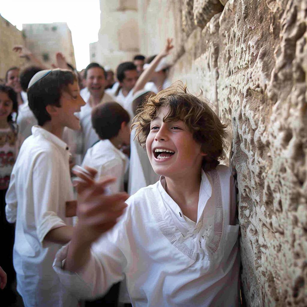 A happy teenage boy dressed in a white shirt. Celebrating at the Western Wall, surrounded by many happy people.