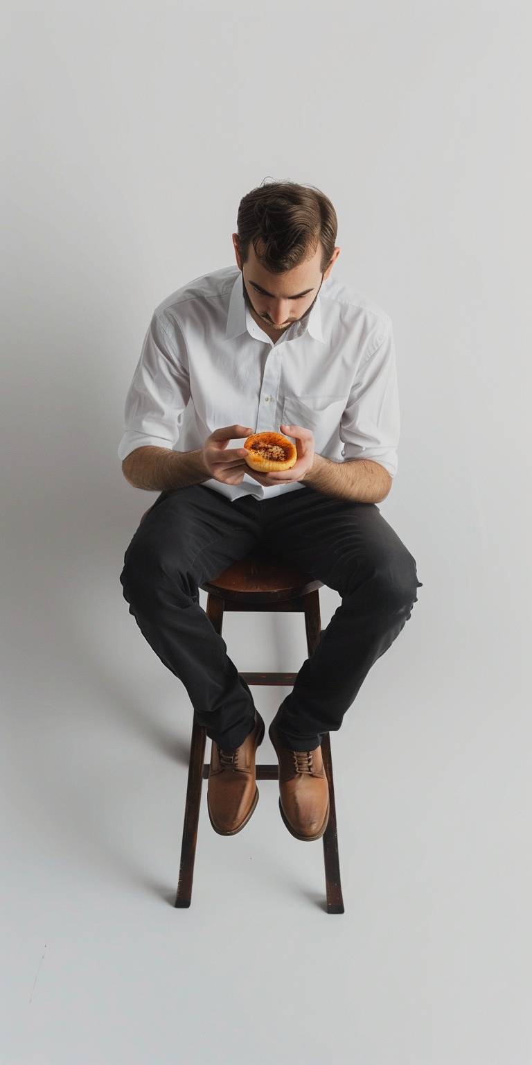Aerial axonometric shot, man sits on low stool and eats something, white background, Canon 6d