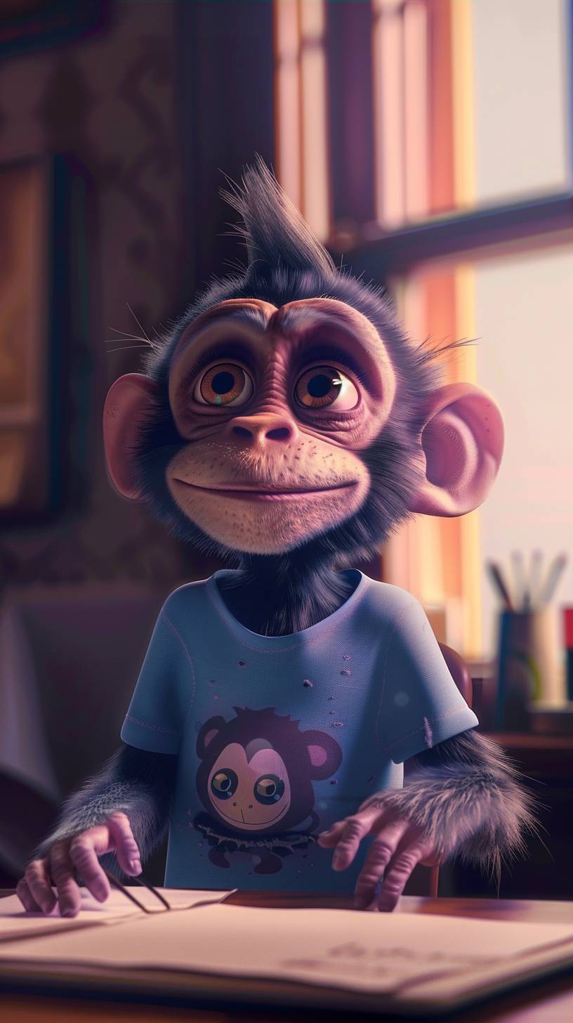 若い猿がインタビュー中にインタビュアーの質問に答えています。彼はピクサーのコンセプトアートである、パープルとピンクのトーン、明るくてキャンディカラーのTシャツを着ています。
