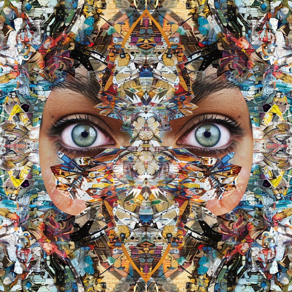 A kaleidoscopic pattern of collage images, forming the shape and face of [SUBJECT], symmetrical, in the style of mixed media, digital art, intricate details, colorful.