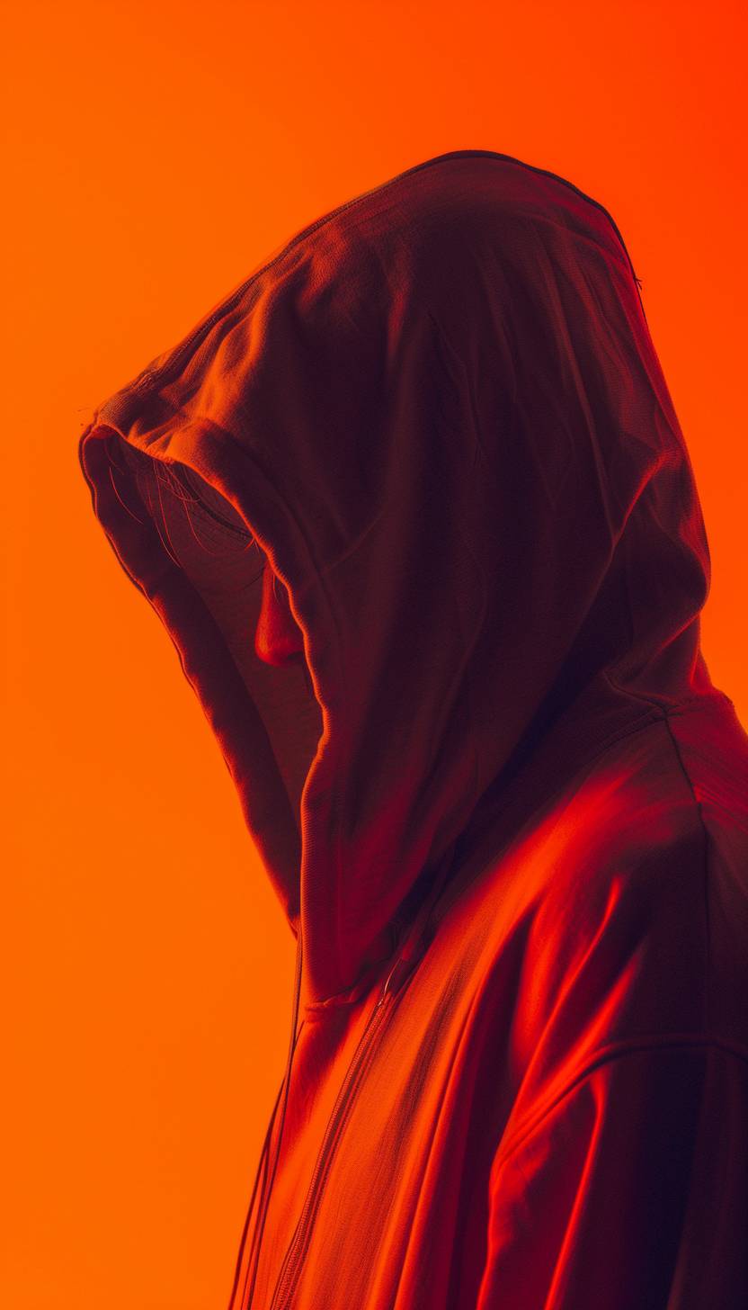 Cybernetic Hooded Assassin in the style of Kodak Aerochrome, light maroon and light amber, captured emotions depicted, dreamlike introspection, light orange and fiery neon orange, abrasive authenticity, ambient occlusion, strong visual flow