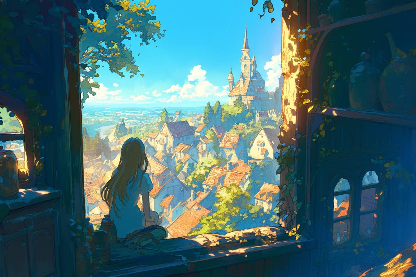 Girl opening the window over a medieval village, sunlight streaming in, best quality, masterpiece, style of Studio Ghibli by Hayao Miyazaki --niji 6 --aspect ratio 3:2