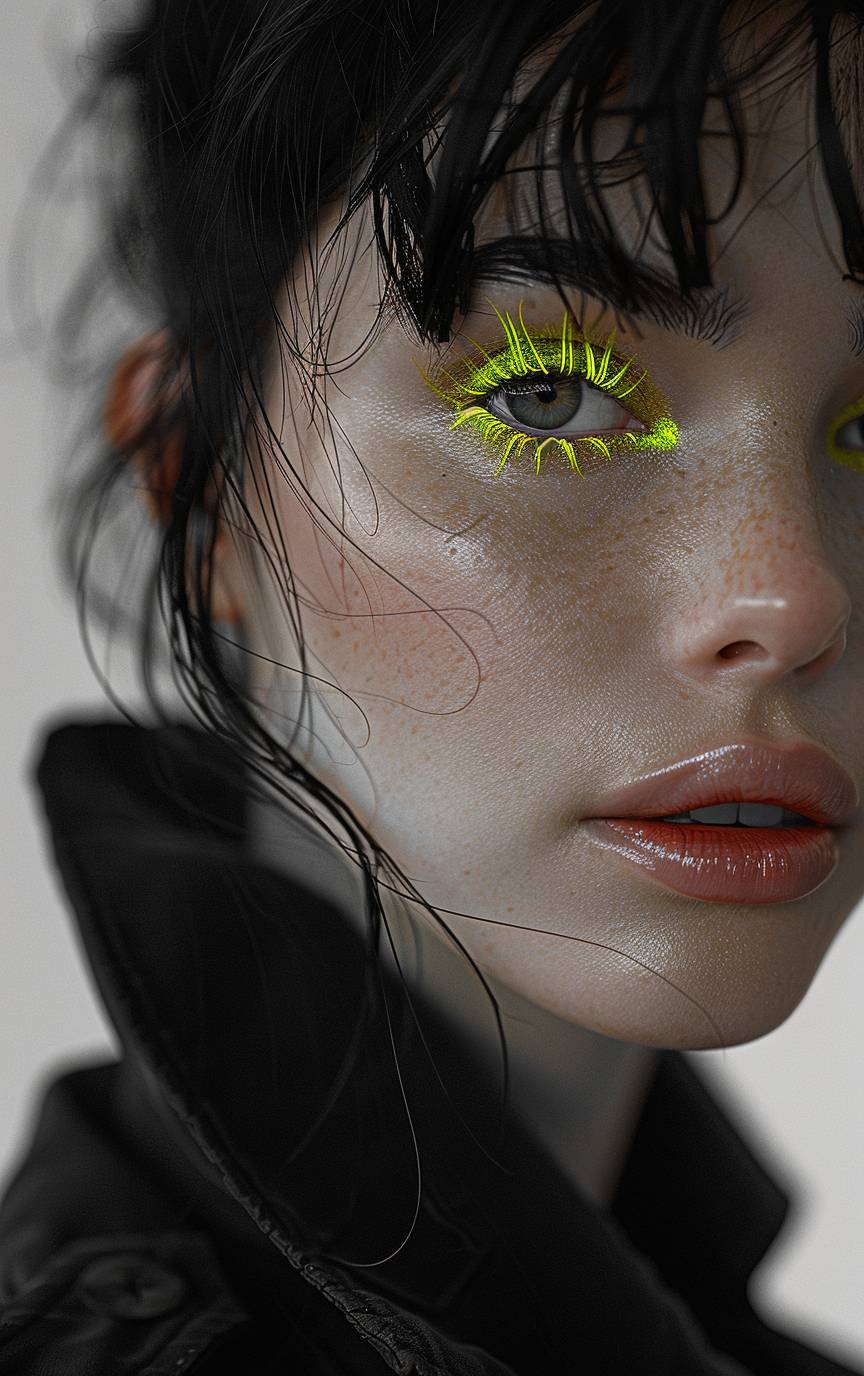 Black and white photo of a woman with neon jade yellow eye makeup wearing a black coat and black Adidas jacket, beautiful face, 4k, flash photo, 4k unreal engine --ar 5:8 --stylize 750  --v 6.0