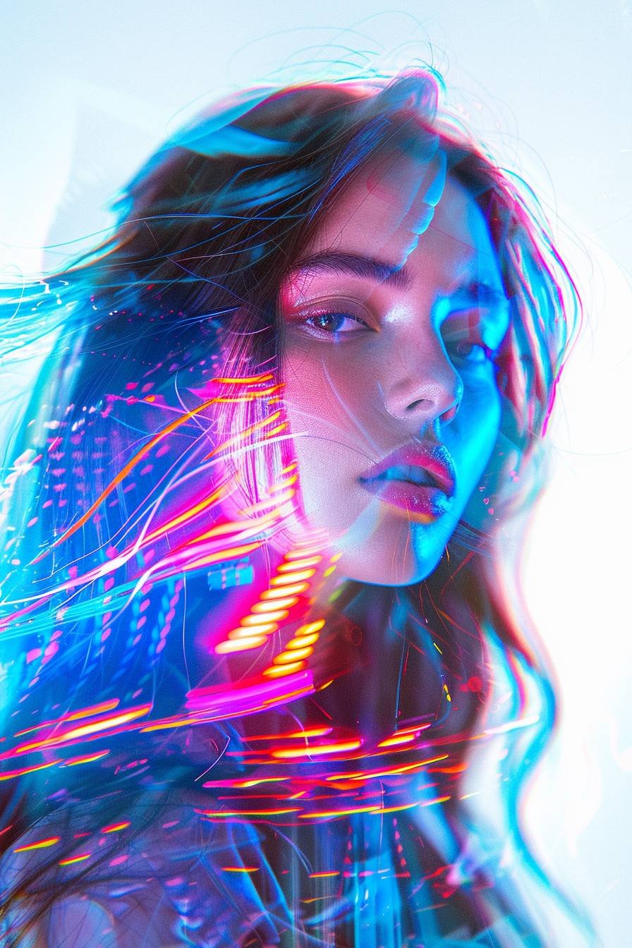 Portrait of a beautiful girl with long hair, featuring a glitch effect and double exposure, set against a light white background with surrealistic fashion elements, highlighted by white and blue tones, vibrant neon lights, and a cinematic, futuristic ambiance.