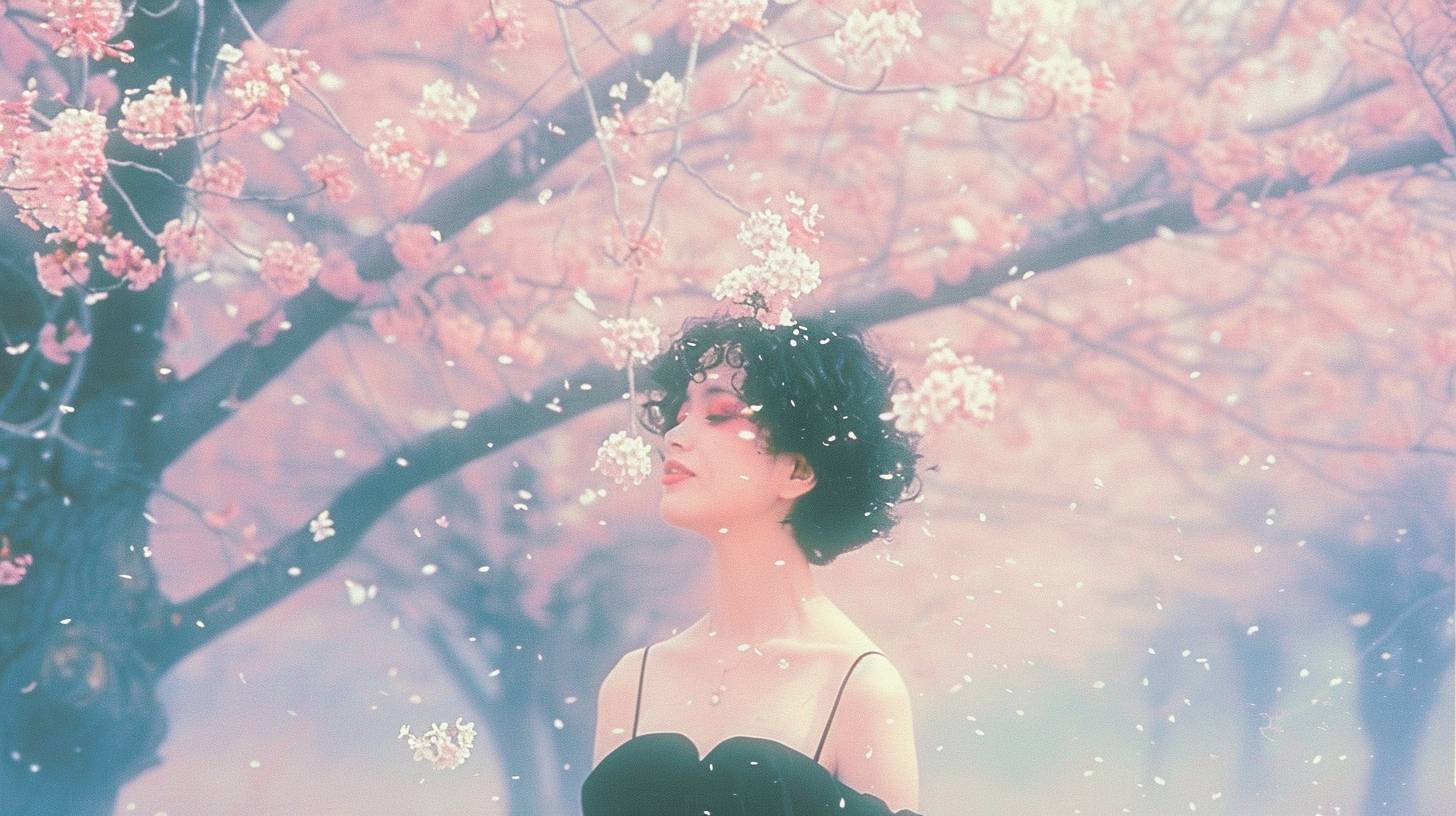 驚くべき22歳の美女がカメラに微笑む、ぼやけた桜の木の背景