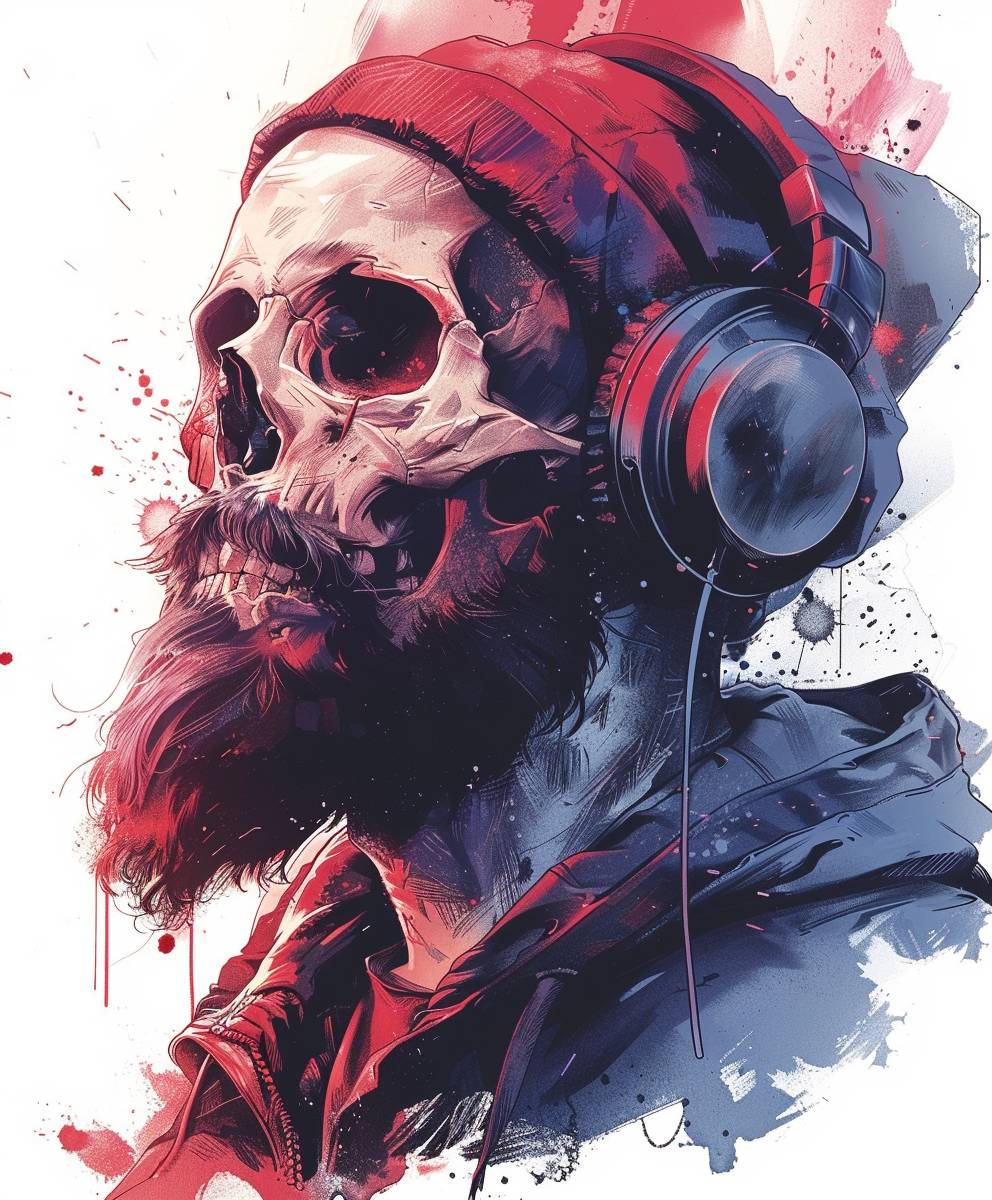 Skull wearing headphones, hipster beard, front view