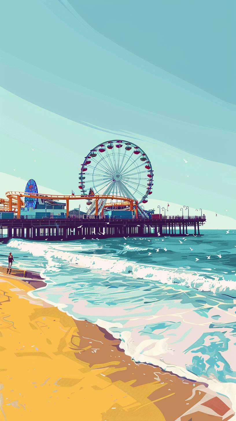 A long shot of the Santa Monica pier with its iconic Ferris wheel, sunny summer day, no people present. In the style of Moebius.