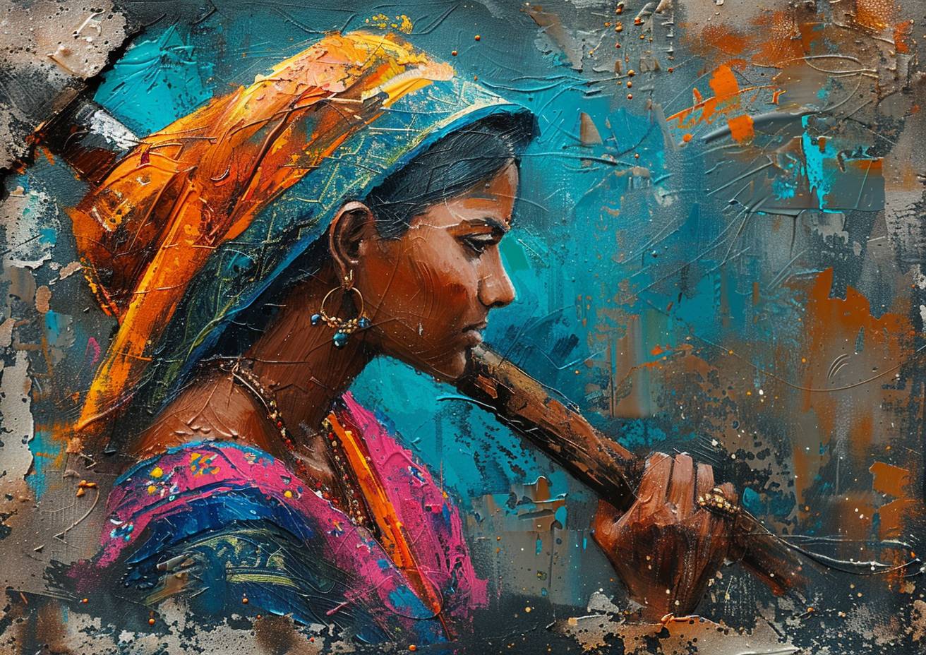 Dry brush painting on distressed canvas, Indian woman labourer, side profile, colourful sari, wielding a hammer, strong visual flow.