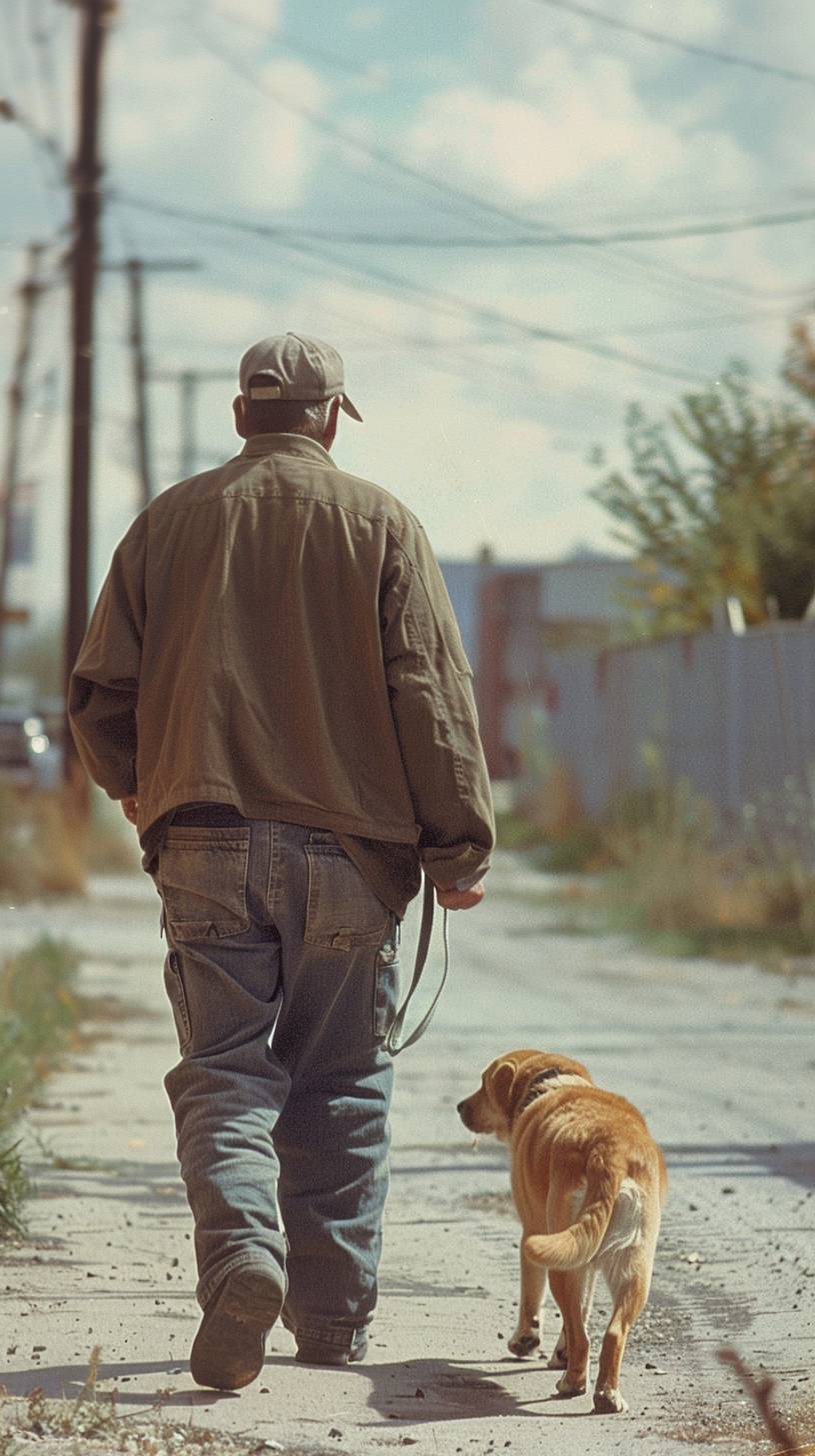 Man wearing baseball cap walking his dog, full body, vintage photograph, Fujicolor film, 2010