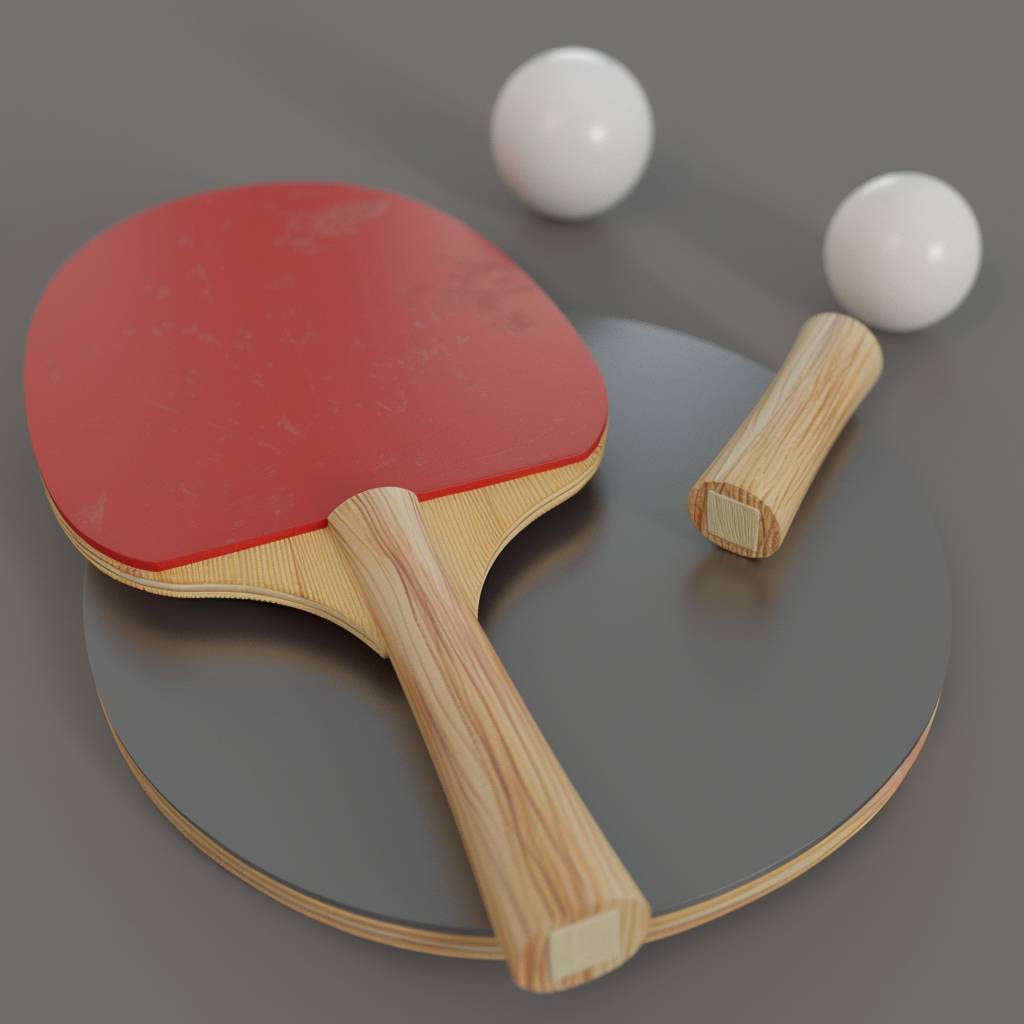 A pair of table tennis paddles and a ping pong ball are on the table tennis table, with no background