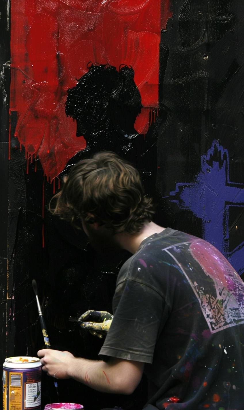 A young, aspiring artist painting a vibrant mural on a city wall, with colorful paints and a sense of creative expression.