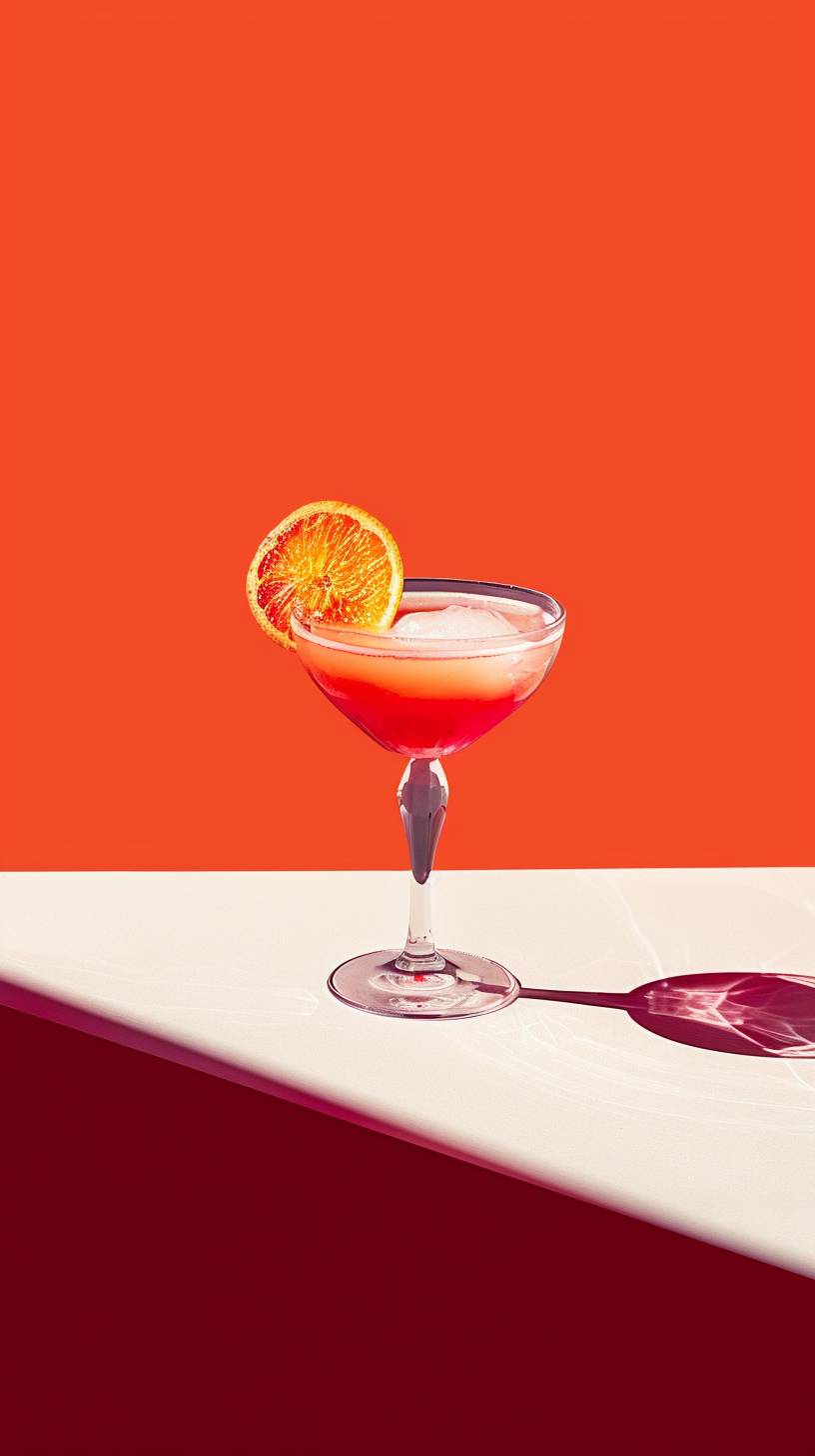 Imagine a cocktail on a white table with a red background.