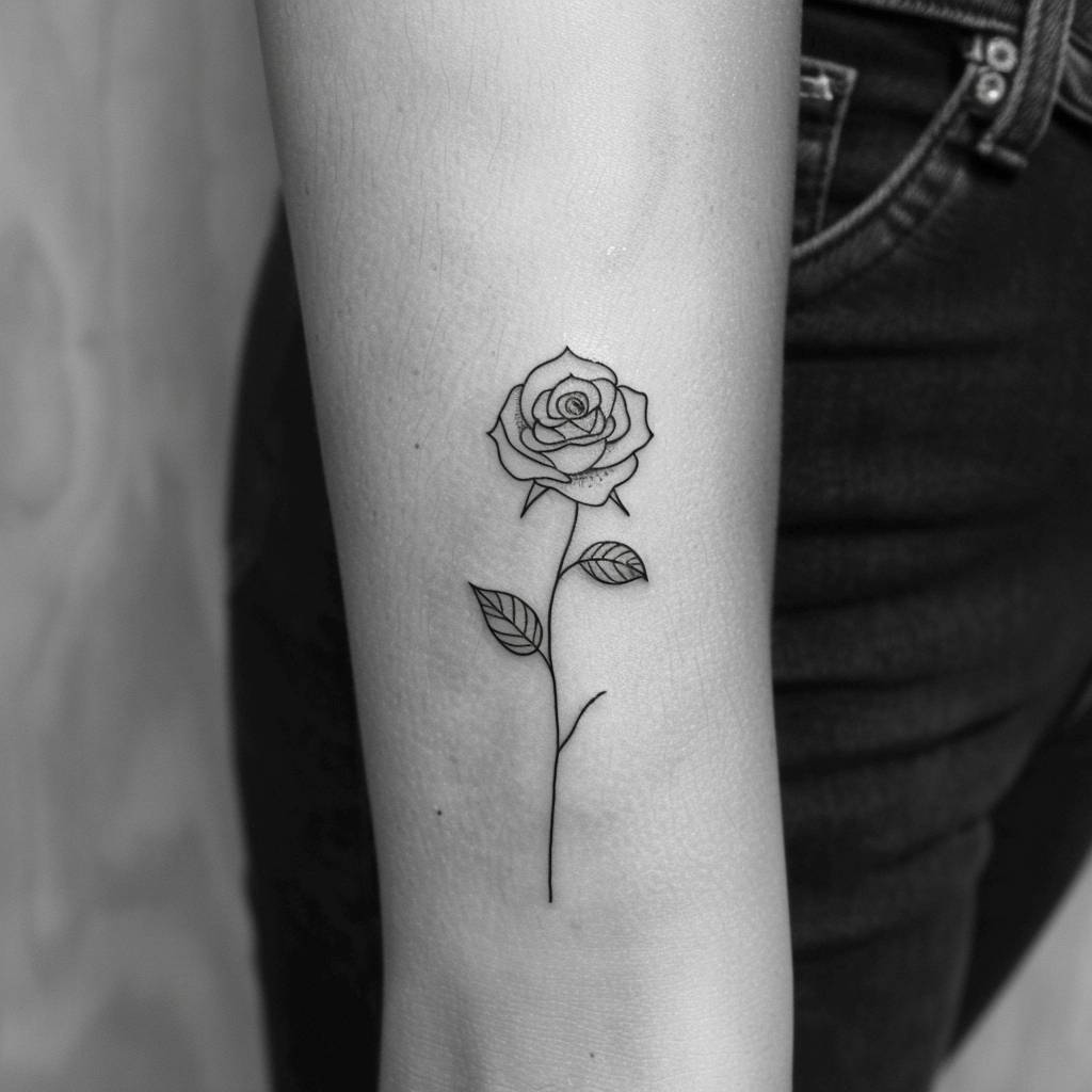 Minimalist rose tattoo design, lines, minimal, black and white, white background
