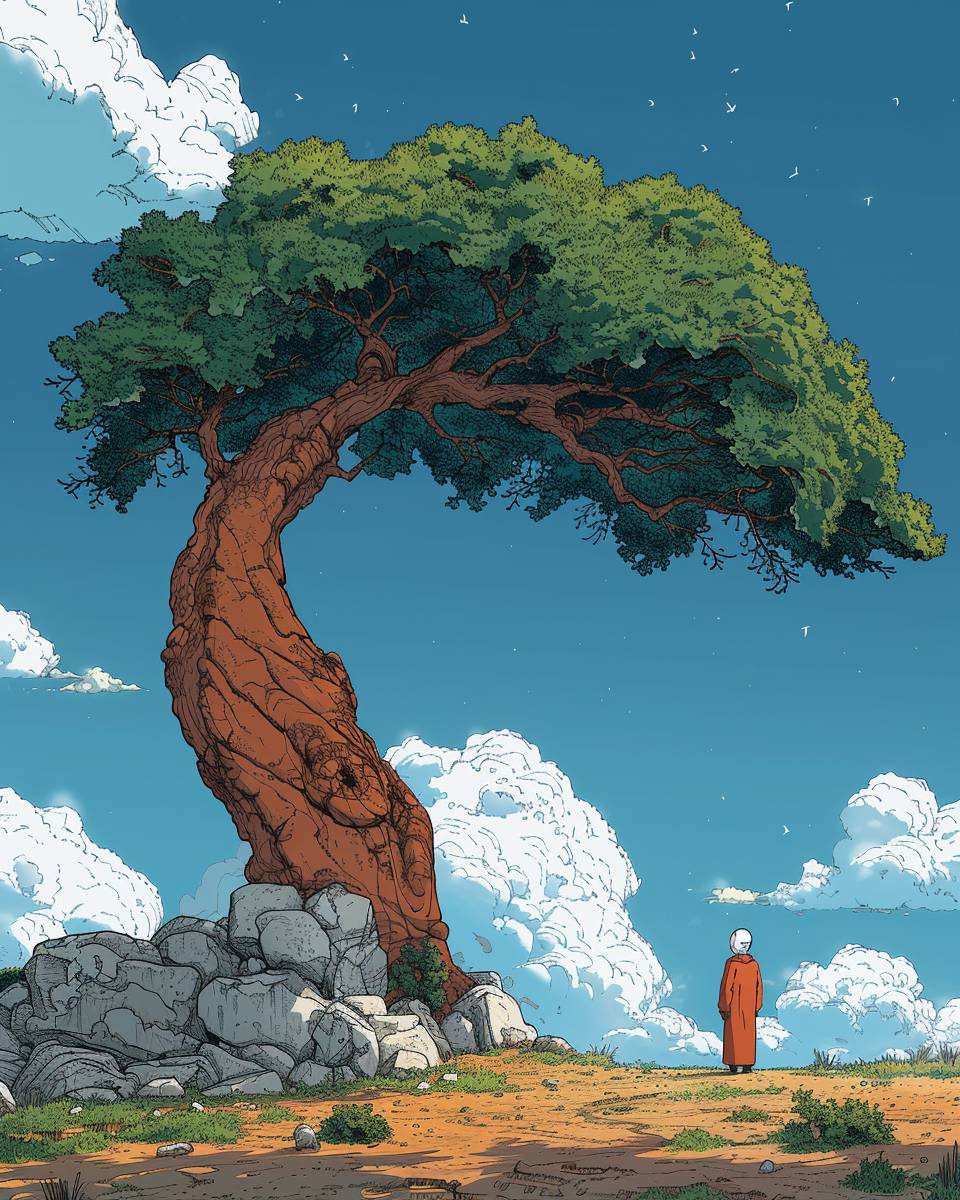 A cartoon of Matt Bors, fine linework, minimalist, vibrant, simple, clean, subdued, refined, stone archway, a huge arched redwood tree on a field, profound and mysterious, detailed clouds and sky, minimal pastel tones, retro anime style, Moebius-style art, in the art style of Studio Ghibli