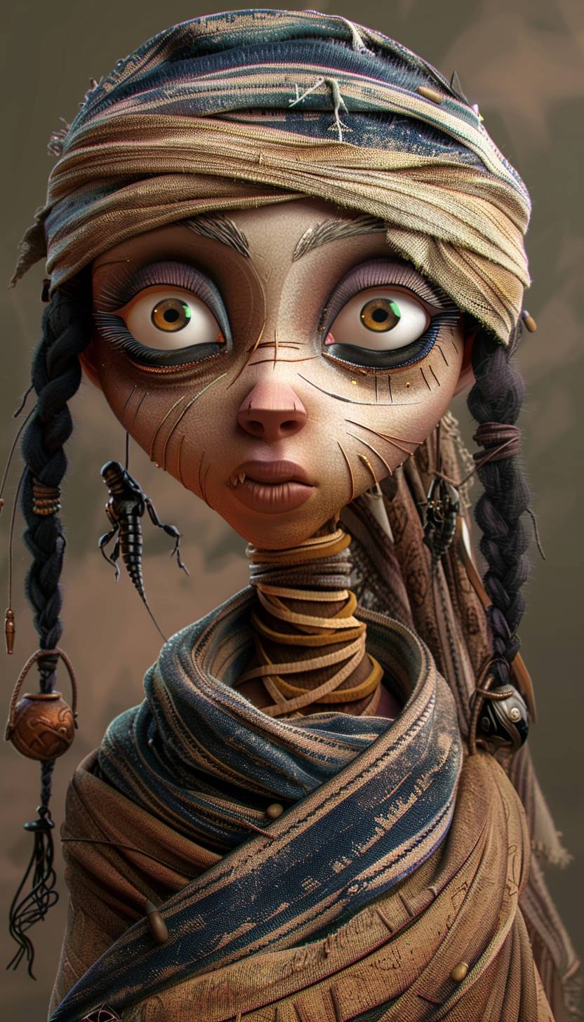 Portrait of a young and zany Egyptian female mummy, funny and energetic, with lots of Egyptian symbols like ankh or beetle, in Pixar's popular kid movie style