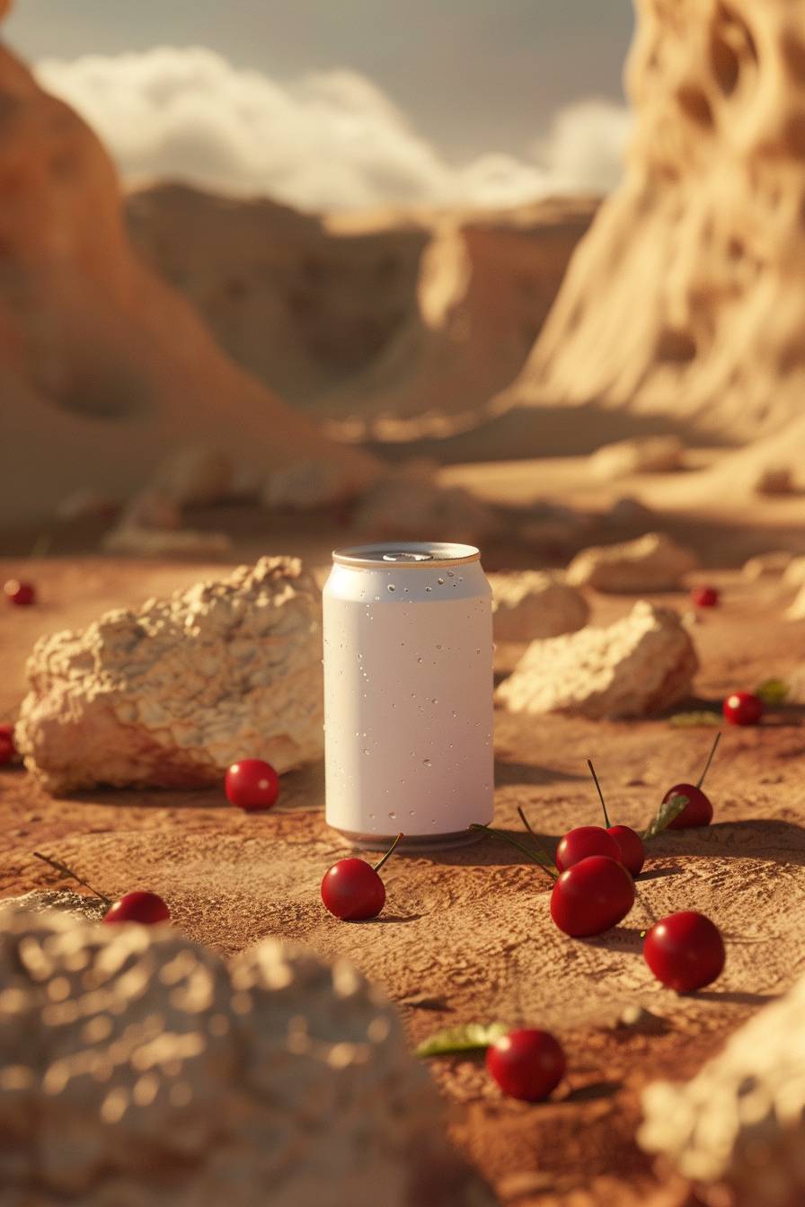 A white soda can mockup on a big crater from Mars, cherries, toy-like proportions, pale background