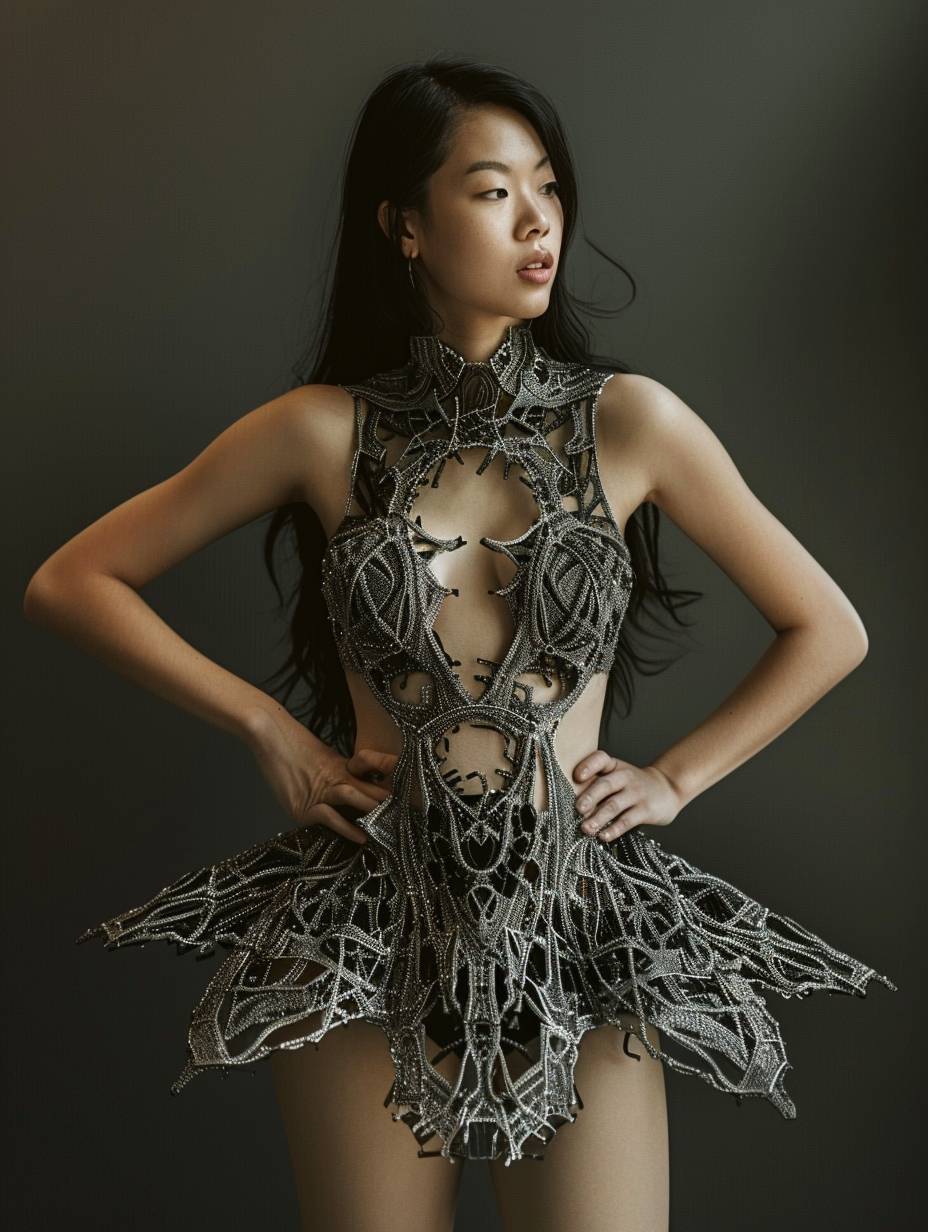 A young, stunning woman wearing a dress made of intricate Metal Matrix Composites