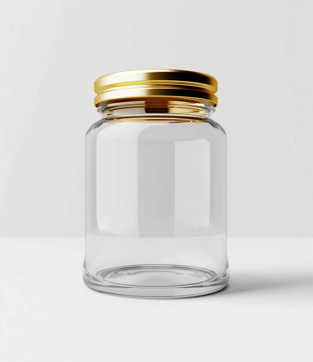 A transparent glass jar with white background, front view, golden cap, cartoon style, minimalist design, white and gold color scheme, white solid color background, high detail, hyper quality, flat design, simple style, c4d rendering technology, high resolution, ultrahigh definition, 3D renderings, high texture, bright colors, high saturation, wideangle lens, natural light, no shadow