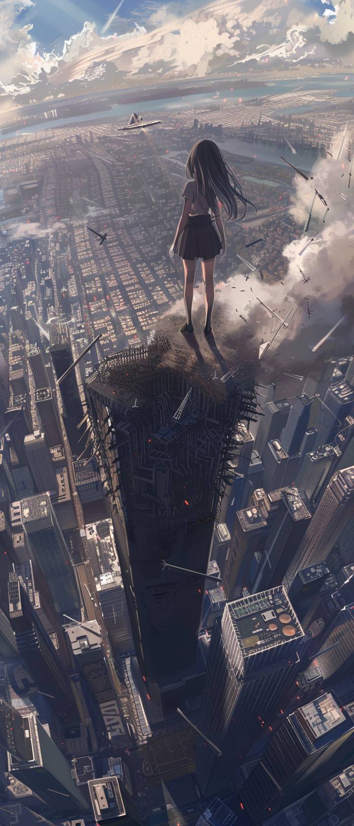An anime girl standing on top of the World Trade Center North Tower as it crumbles to the ground after getting hit by a plane.