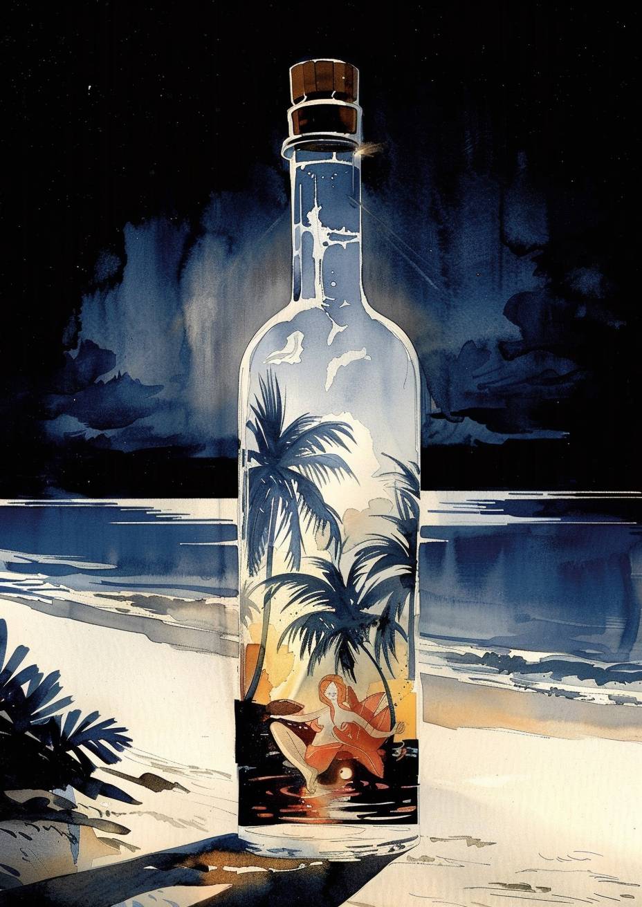 A bottle containing a tropical beach with a beautiful swimsuit model, in the style of digitally manipulated images, glowing radiant colours, strong visual flow.