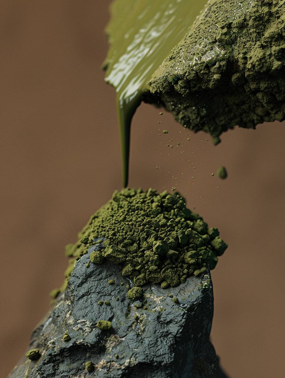 A close up shot of moss green powder pouring over a rock by Kühl & Han in front of a solid brown background, Vincent Schwenk, hyperrealist, texture, supernatural, artsy, minimal design, modern