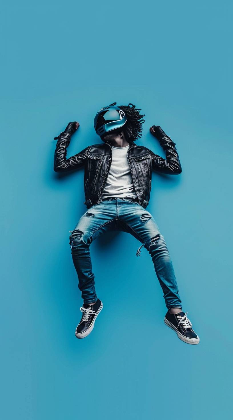 Photorealistic full body shot of strolling on the beach as the film character sitting on a blue background in the style of Daft Punk.
