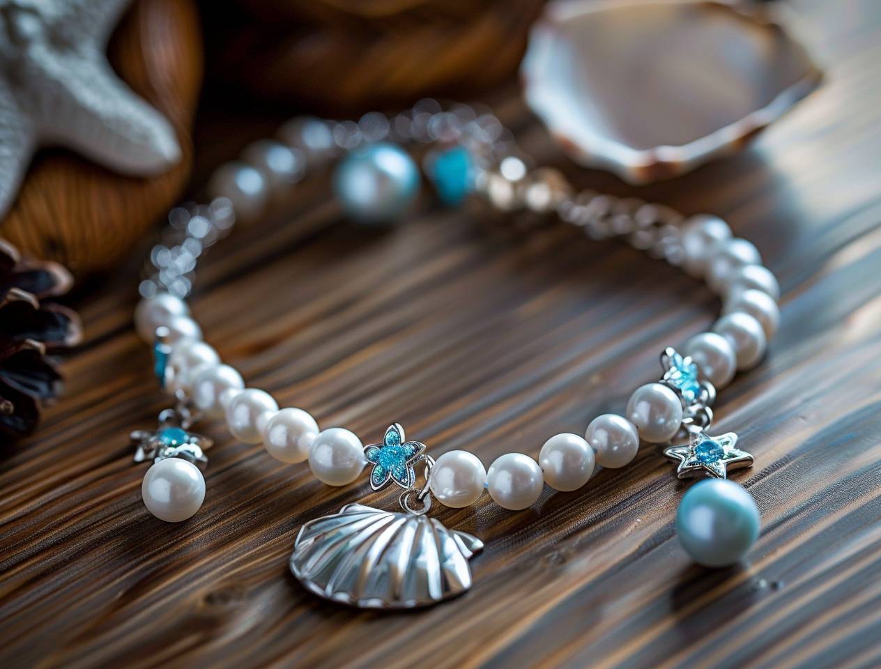 A delicate white pearl bracelet with one blue and silver shell charm, one small star pendant and three pearls in the middle of each chain is a photo taken in the style of an amateur using their phone camera, posted on reddit/ snapchat in 2018.