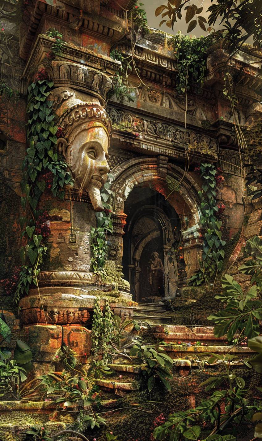 Ancient ruins with crumbling structures, statues, and overgrown vines, all composed of bold, colorful patterns, showcasing a 3D effect, creating a sense of history and mystery.