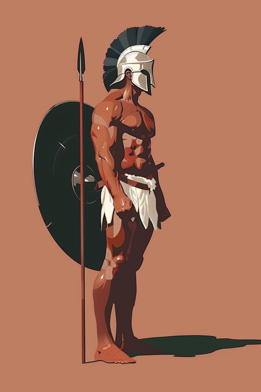 In the style of Harold Edgerton, warrior character, full body, flat color illustration
