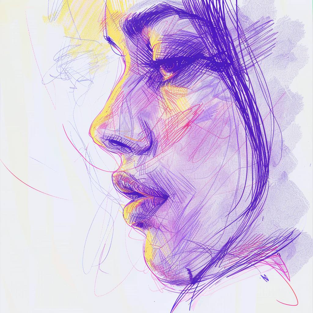 A side view sketch of a stunningly beautiful model woman's face, with expressive line work, in the style of beautiful portraits similar to Milo Manara and Argtem. It is depicted in purple, yellow, and pink pastel tones. UHD, aspect ratio 9:16, version 6.0.
