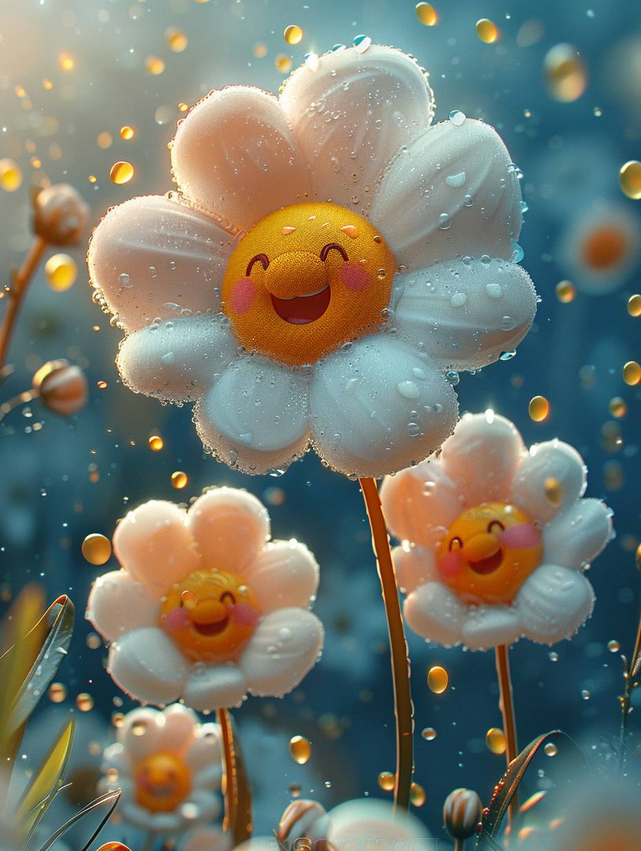 3D cartoon game scene, Three flowers in the air with petals made of circular marshmallows, each with a smiling face on its stamen and a different color, inspired in the style of Pixar animation with exaggerated shapes and bright colors, exaggerated movements, clean background, artstation trending, high resolution