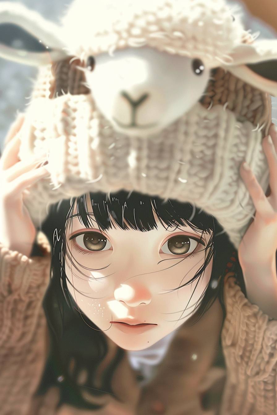 Young girl wearing fine mesh knit hat, black hair, brown eyes looking up, troubled face, fluffy sheep head and tail sticking out of hat, montage, overhead angle, focus on girl's face, Japanese anime style, simple illustration, soft pattern, natural light, depth of field.