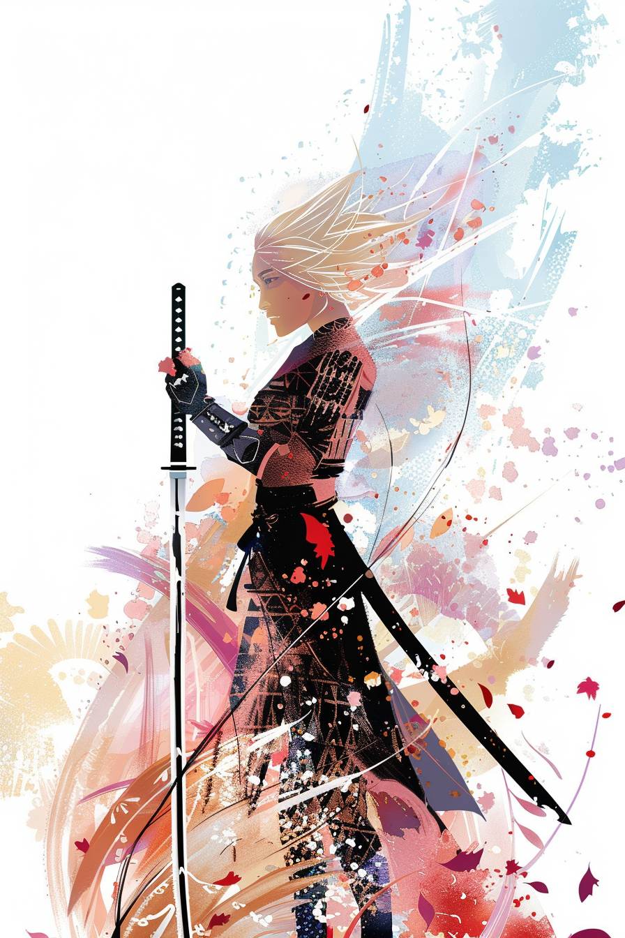 バーバラ・タケナガのスタイルで表現された戦士キャラクター、全身、フラットカラーイラスト