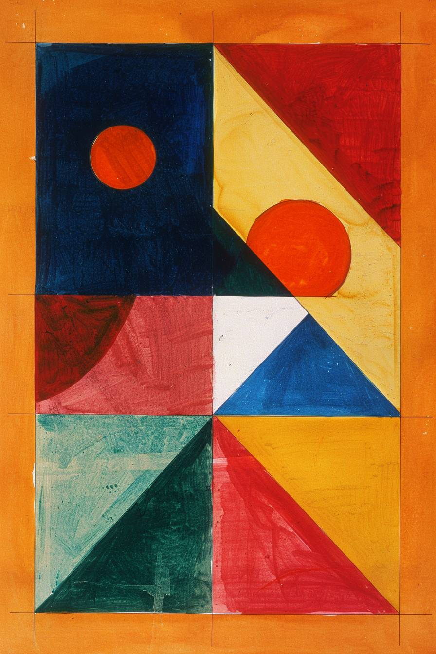 Johannes Itten created a simple aromatic composition in gouache style, consisting of triangles, squares, circles, and one natural form.